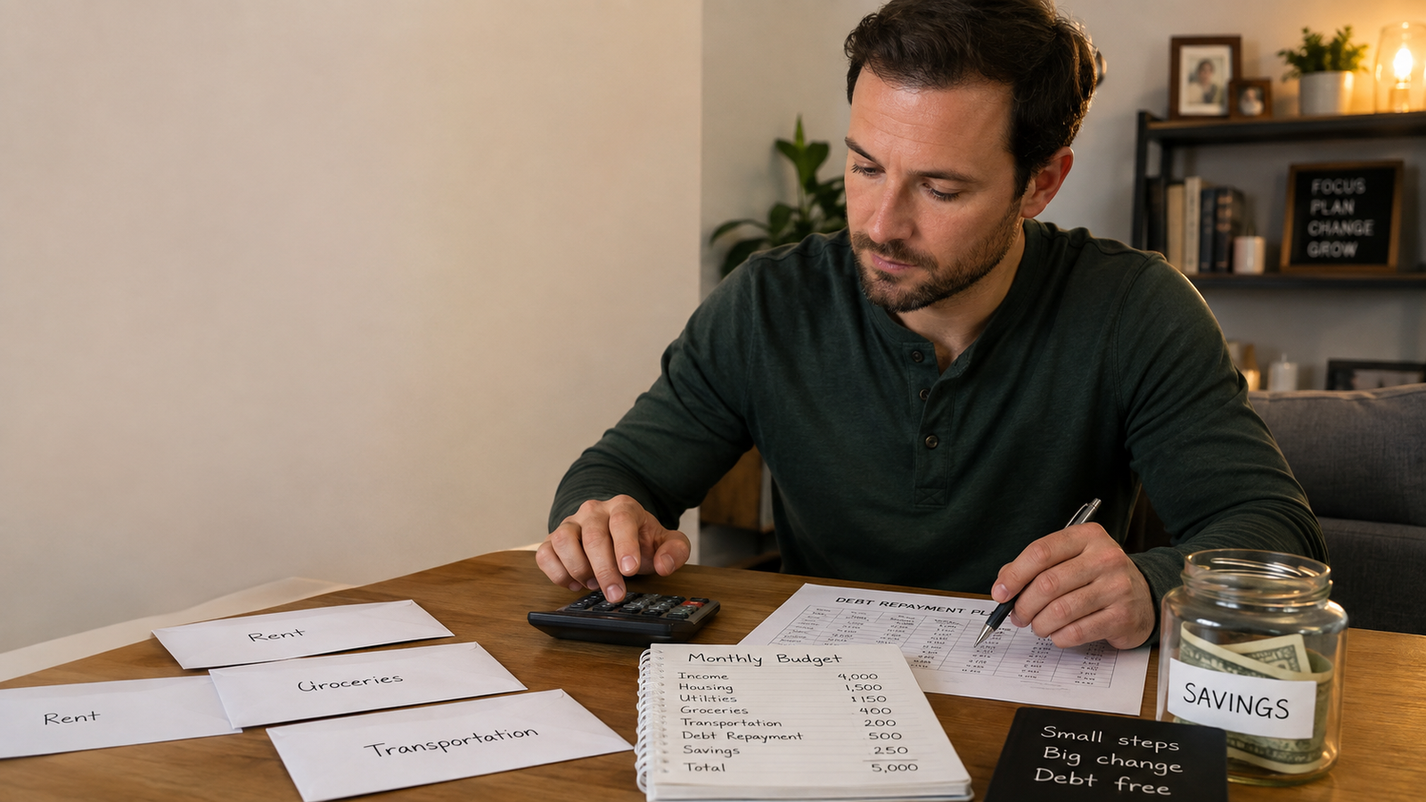 A person budgeting at a desk with envelopes labelled rent and groceries