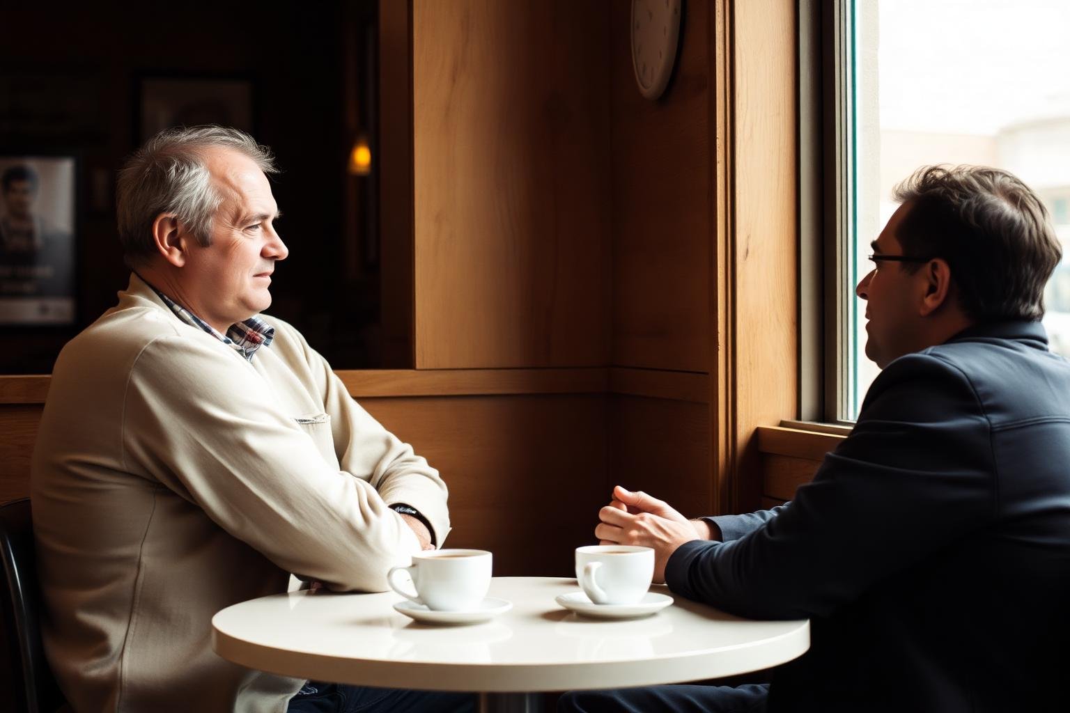Two men in an honest conversation across a cafe table