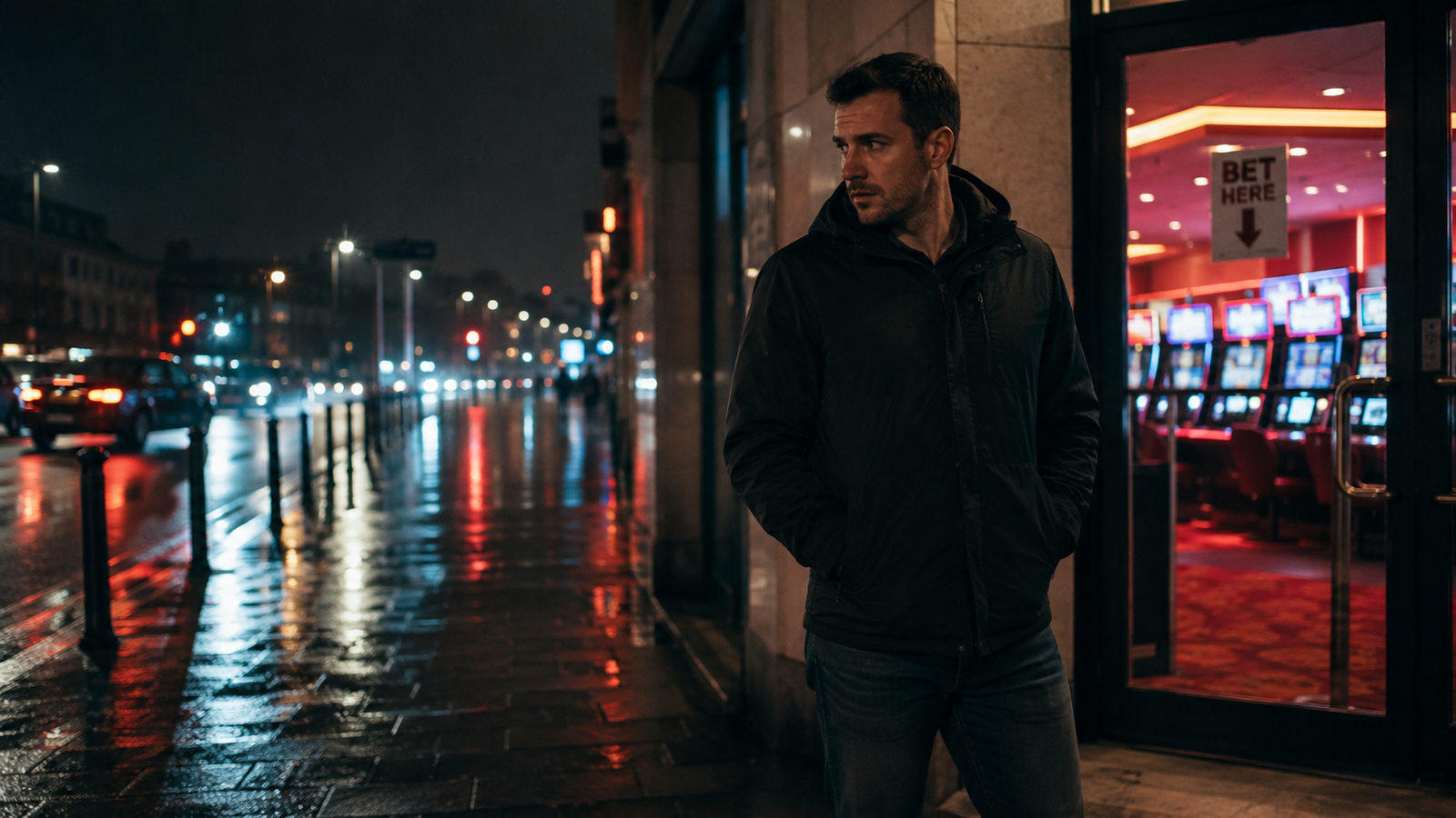 A man standing on a rainy street at night facing the lit entrance of a betting shop