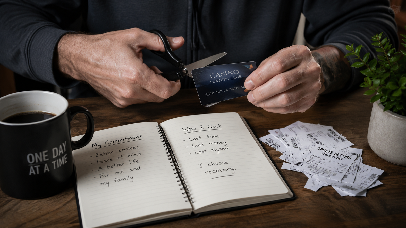 Hands cutting up a casino players club card over a notebook of recovery commitments