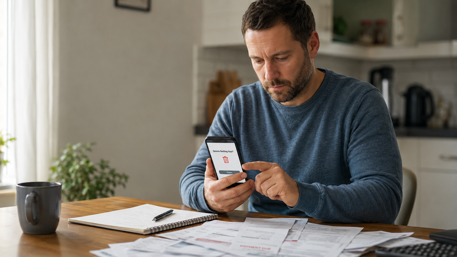 A man at a table of bills holding a phone that asks whether to delete a betting app