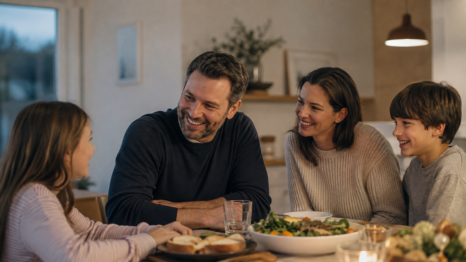 A smiling man and woman at a dinner table with two children