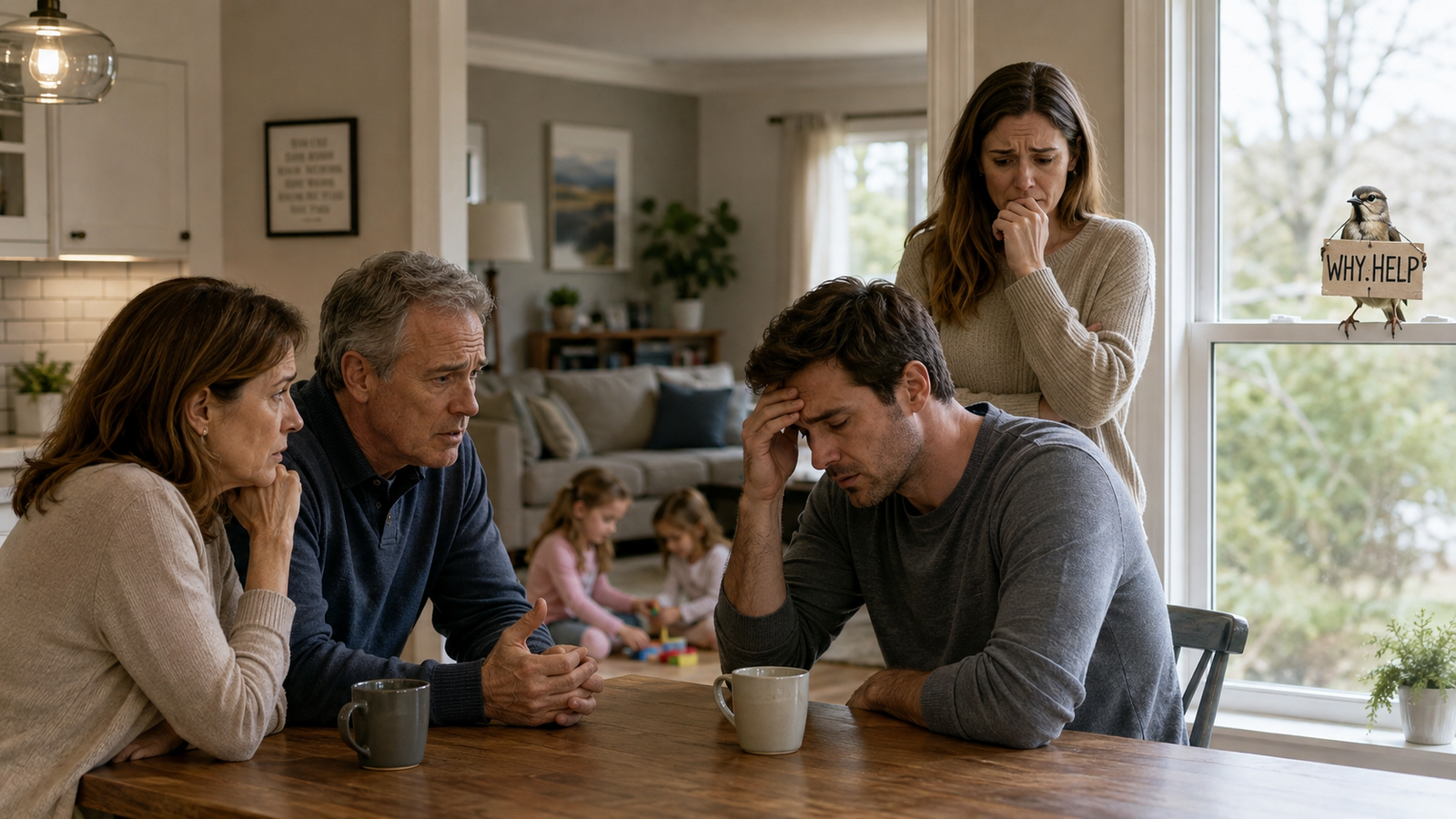A family sitting around a kitchen table looking distressed