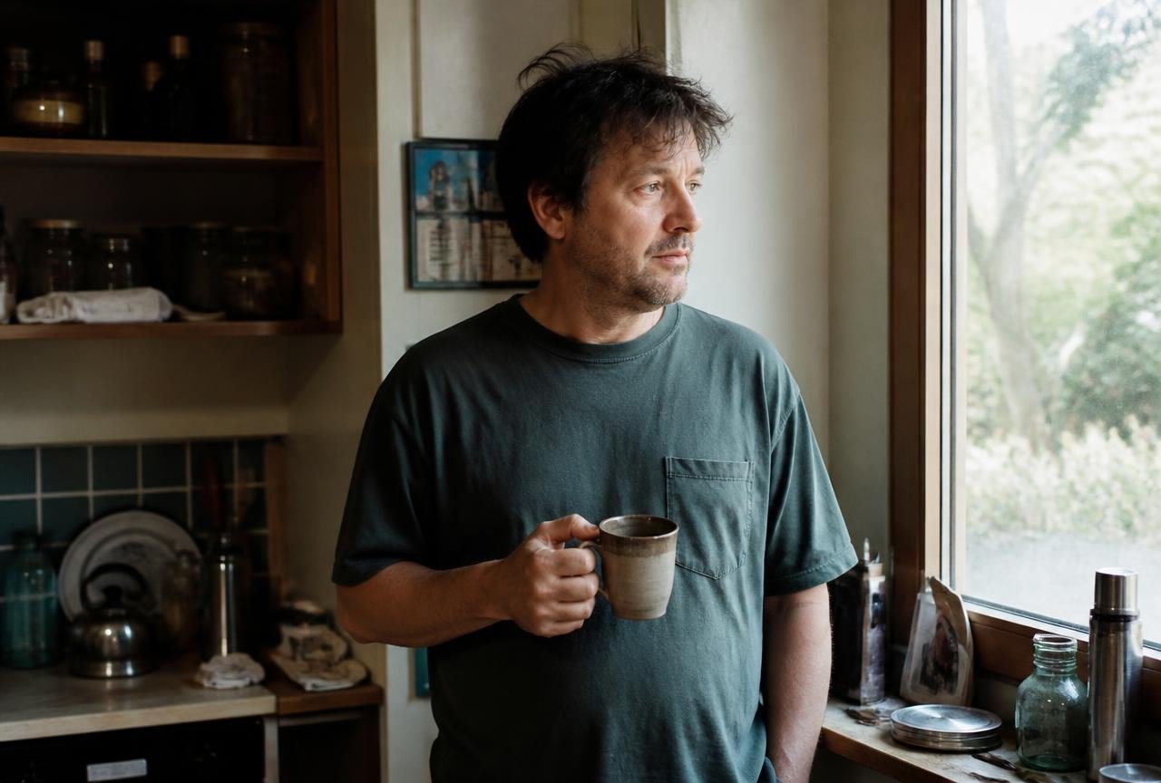 A man holding a mug of coffee by a bright kitchen window in the morning