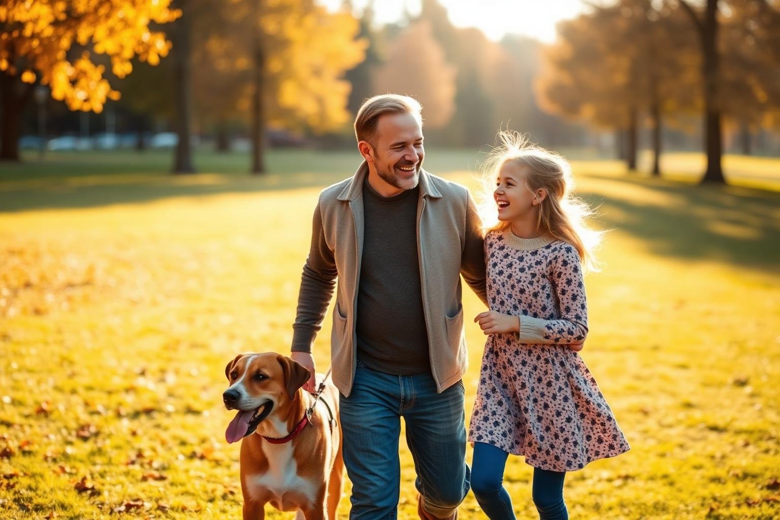 A father and daughter walking a dog in a sunlit autumn park