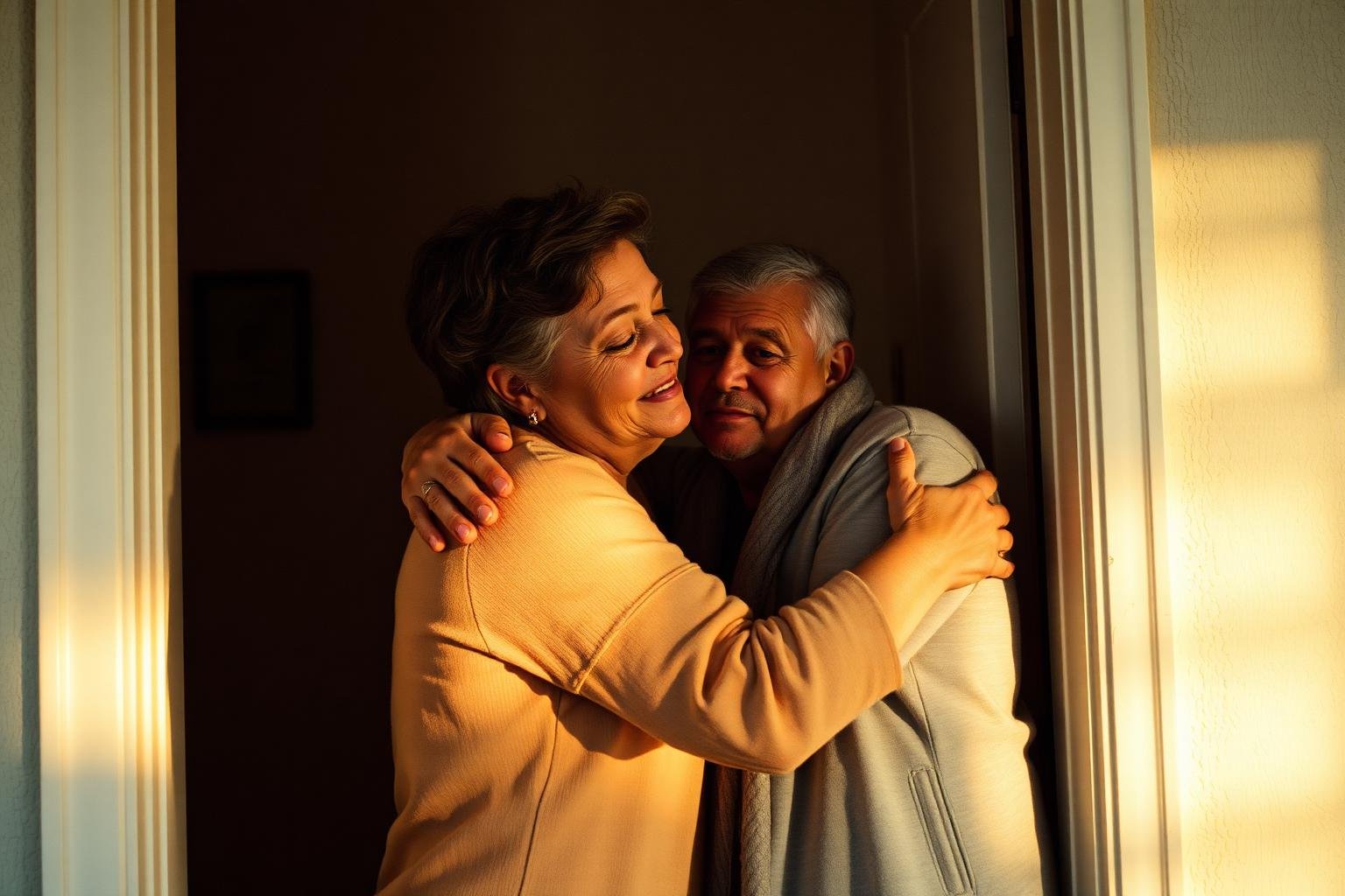 An adult son and his mother embracing warmly in a doorway