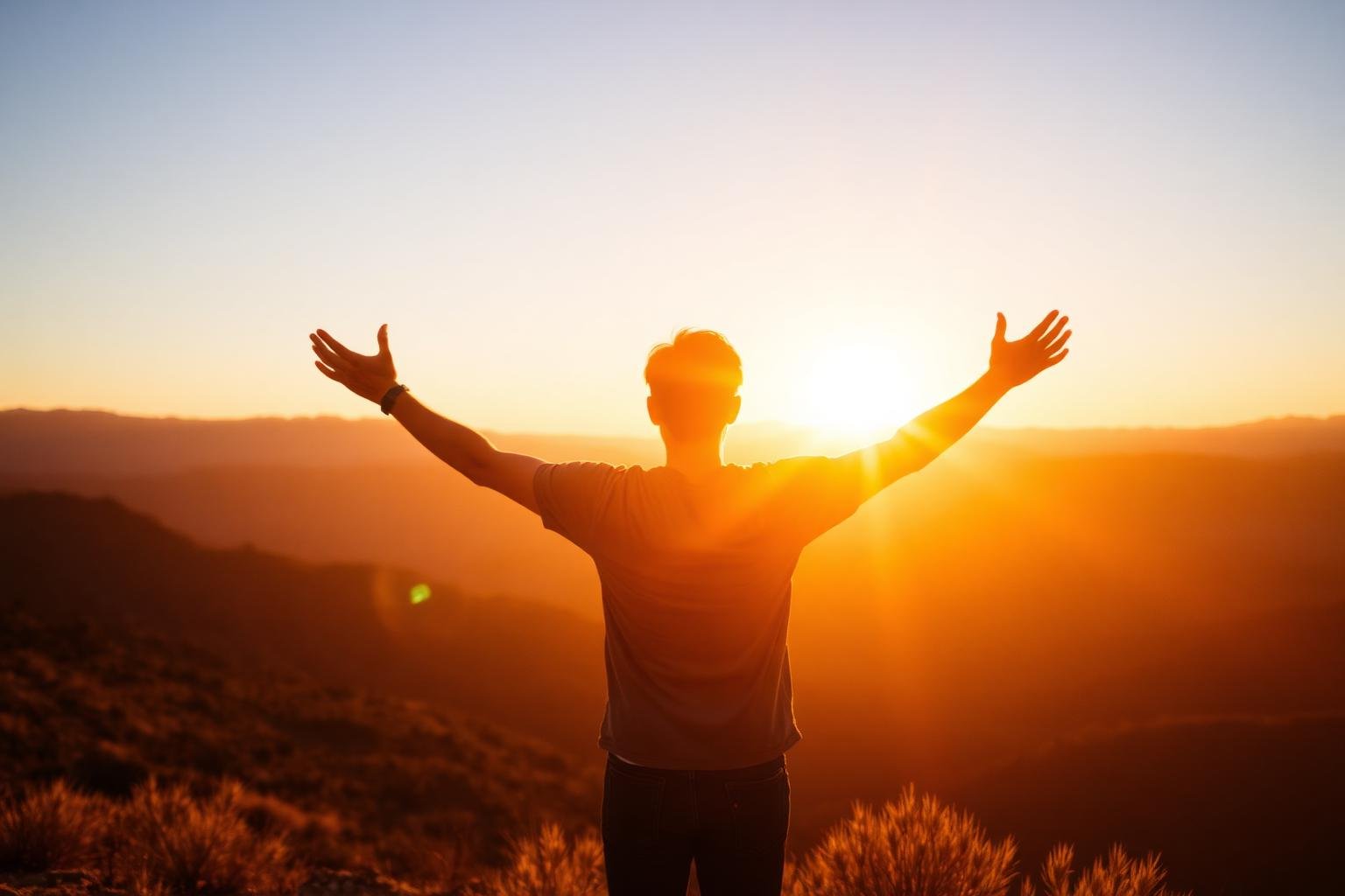 A person standing at a scenic overlook at sunrise with open arms