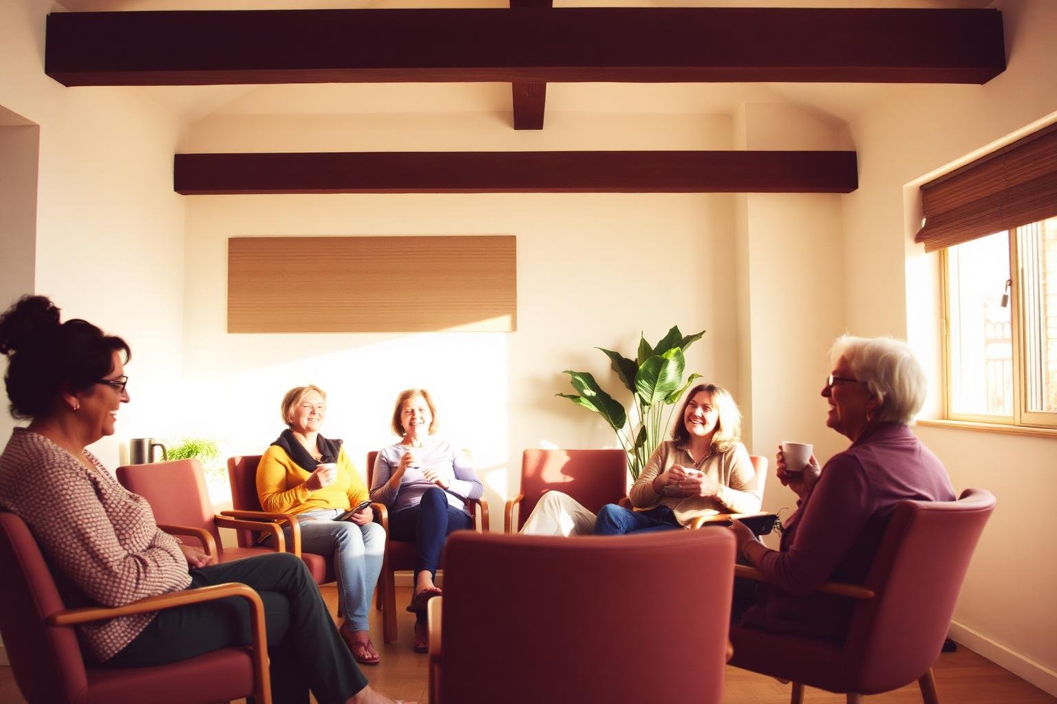 A small peer support group of adults talking and laughing in a sunlit room