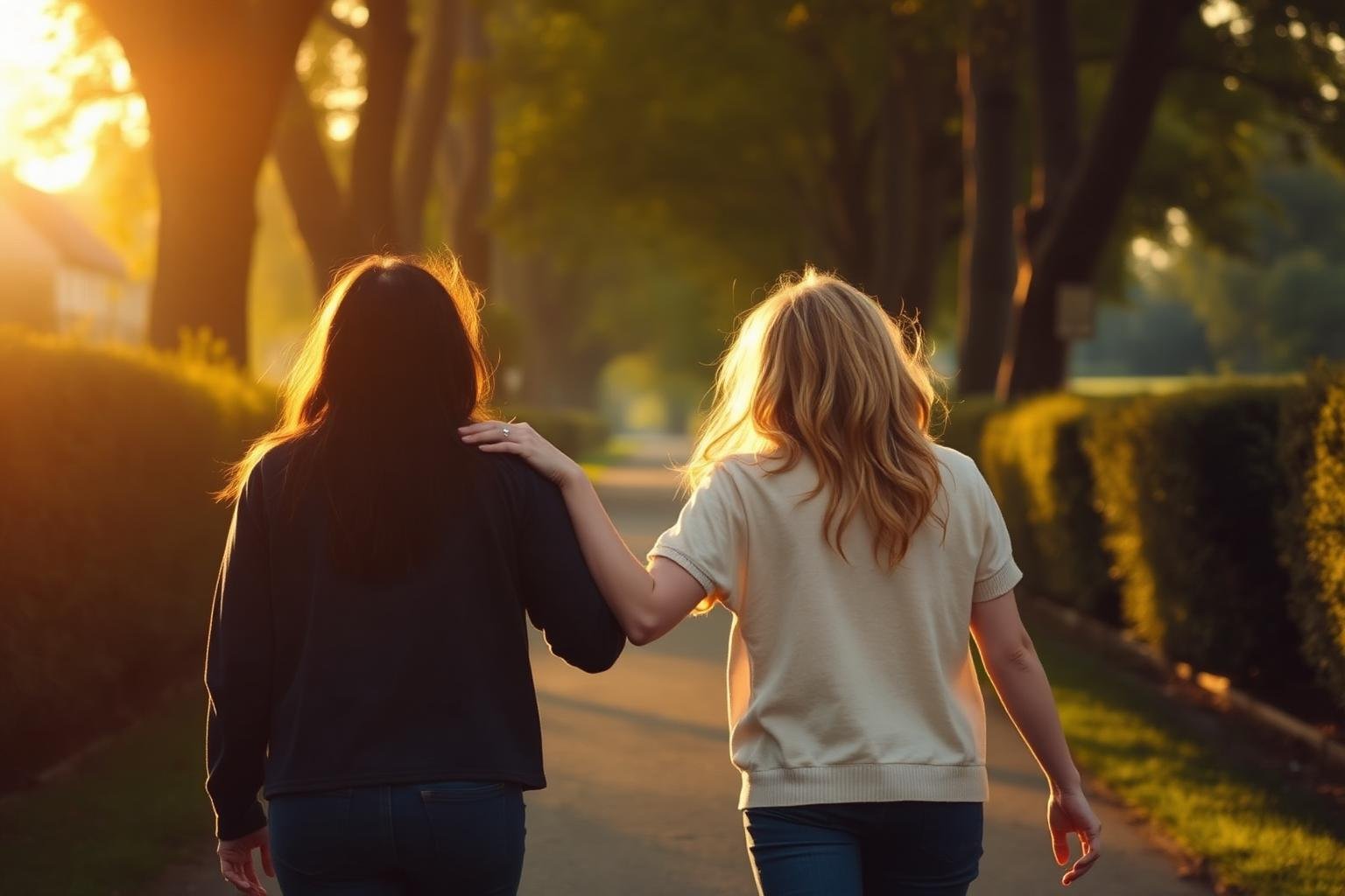 Two friends walking together on a tree-lined path in golden evening light