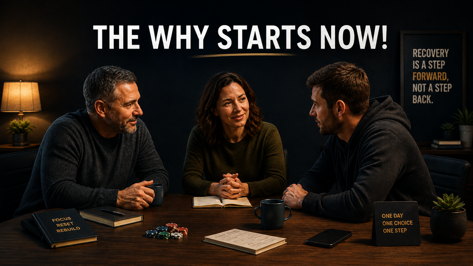 Three people talking across a table with the words the why starts now